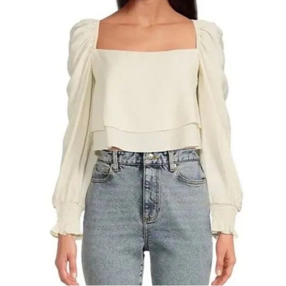 GIANNI BINI Ivory Puffed Sleeve Cropped Peasant Blouse Top Square‎ Neck Medium